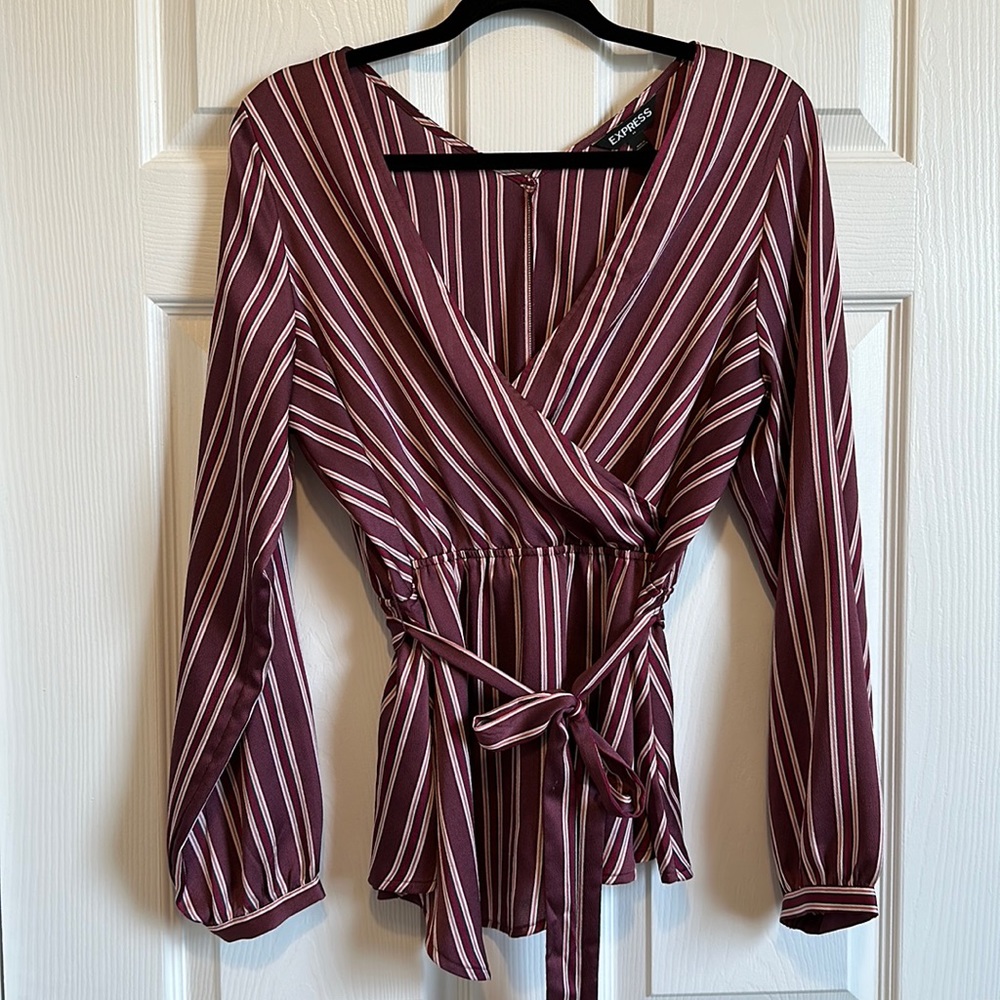 EXPRESS Purple and Red Striped Wrap Blouse (L)